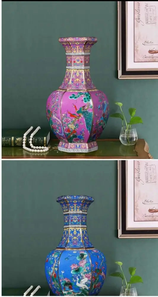 Antique ceramic vase 24cm featuring vibrant pink and blue porcelain with intricate floral bird designs and gold trim accents