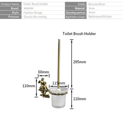 Bronze and silver-toned brass toilet brush holder with sculptural cherub figure and ornate chain detail for bathroom use