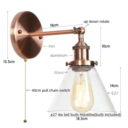 Antique copper industrial wall lamp with clear glass shade and exposed edison bulb for bedroom decorbites clear glass style