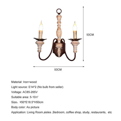 Antique double head french wall lamp with distressed white finish, iron and wood rustic two-light wall lamp