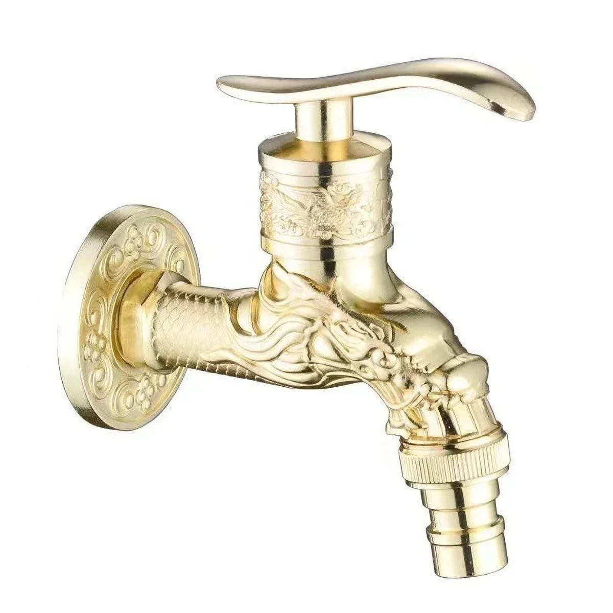 Antique european style wall mounted single hole golden brass cold water faucet with intricate dragon design and ornate detailing