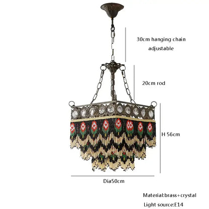 Antique french brass crystal chandelier with ornate floral beaded fringe in red green and cream for living room decorbites french brass