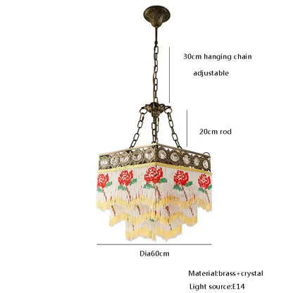 Antique french brass crystal chandelier with red floral embroidery and layered white yellow fringe tassel shade for living room decorbites french brass