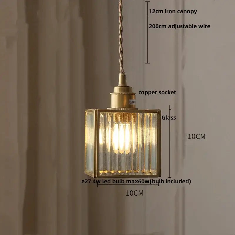 Antique gold pendant lamp with brass frame, ribbed glass led panels, and copper socket for kitchen lighting fixture