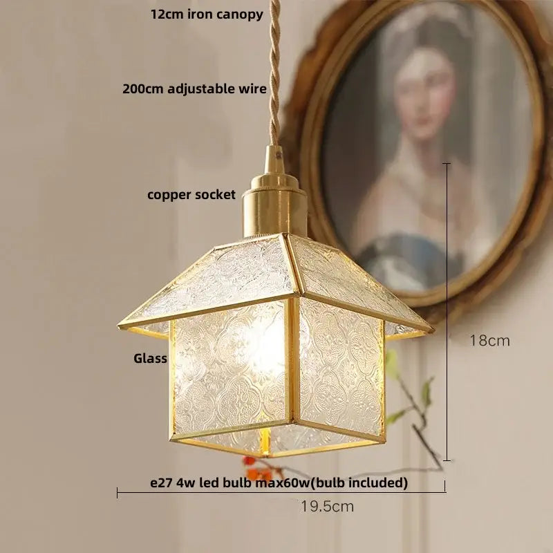 Antique gold petal glass led pendant lamp with brass frame and hexagonal etched glass panels for kitchen lighting