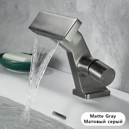 Matte gray modern single hole waterfall faucet with sleek rectangular spout and cylindrical handle for bathroom use
