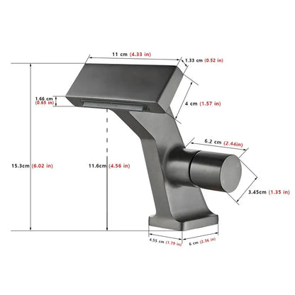 Modern matte black single hole bathroom faucet with sleek angular design and cylindrical handle for stylish use
