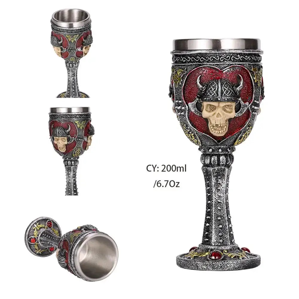 Antique gothic silver dragon king goblet with silver finish red accents embossed skull horned helmet decorbites dragon king