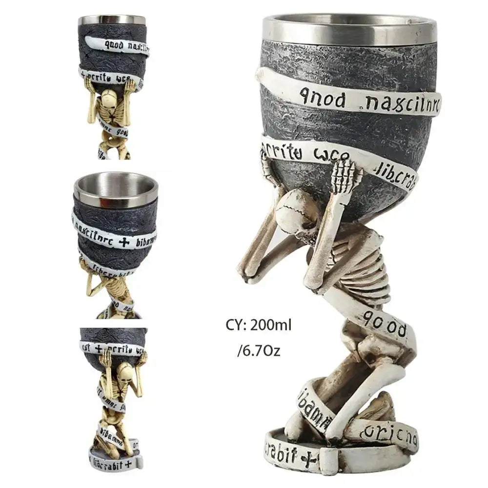 Antique gothic silver dragon king goblet held by a textured dark skeleton figure with white ribbon decorbites dragon king