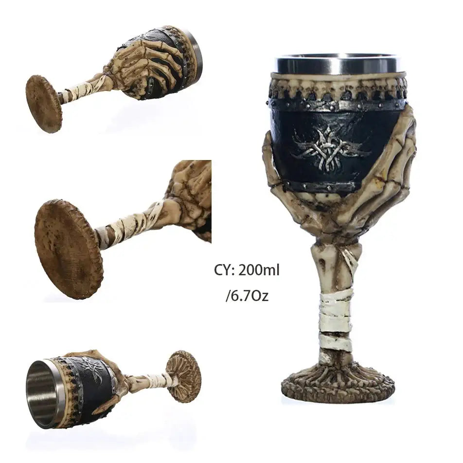 Antique gothic silver dragon king goblet with a dark metallic skeletal hand design and ornate black band by decorbites dragon king