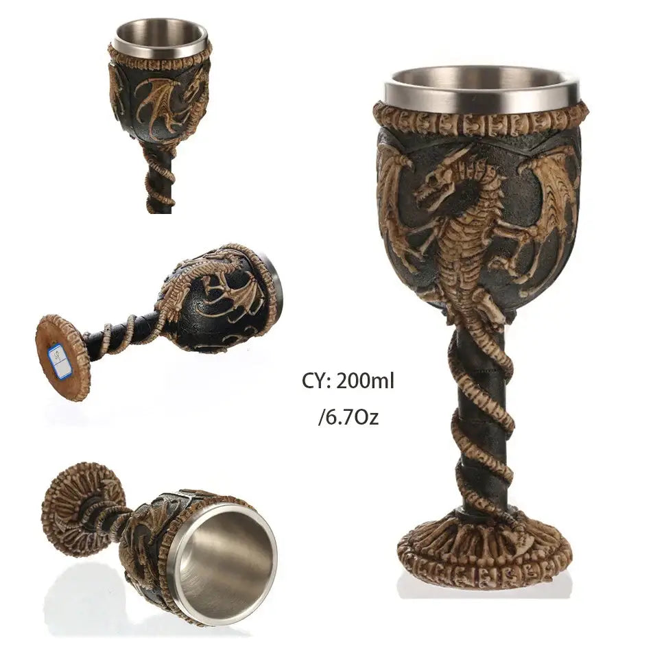 Antique gothic silver dragon king goblet with dark carved dragon design and twisted stem for decorbites dragon king decor