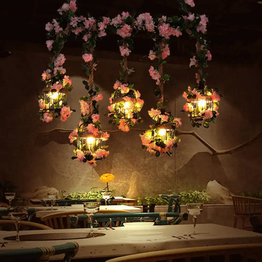 Decorbites antique metal island chandelier with 5 light pink cherry blossom pendant ceiling lights on vine cord