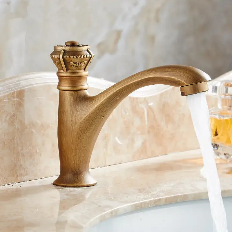 Antique ornate brushed bronze basin faucet with ornate crown handle and curved spout for bathroom decorbites brushed bronze