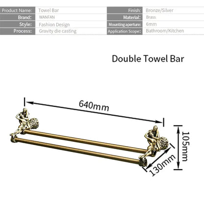 Bronze-finished brass double towel bars with ornate sculpted figures at each end for bathroom use