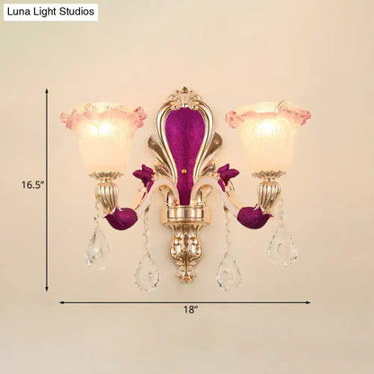 Antique purple and gold double head mount light fixture with crystal droplets for bedroom wall sconce lighting