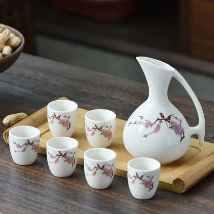 Antique white ceramic warming container set with pink cherry blossom and bird motifs decorbites ceramic wine pot