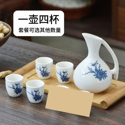 Antique white ceramic warming container dining set with blue cherry blossom pattern includes pitcher and four cups