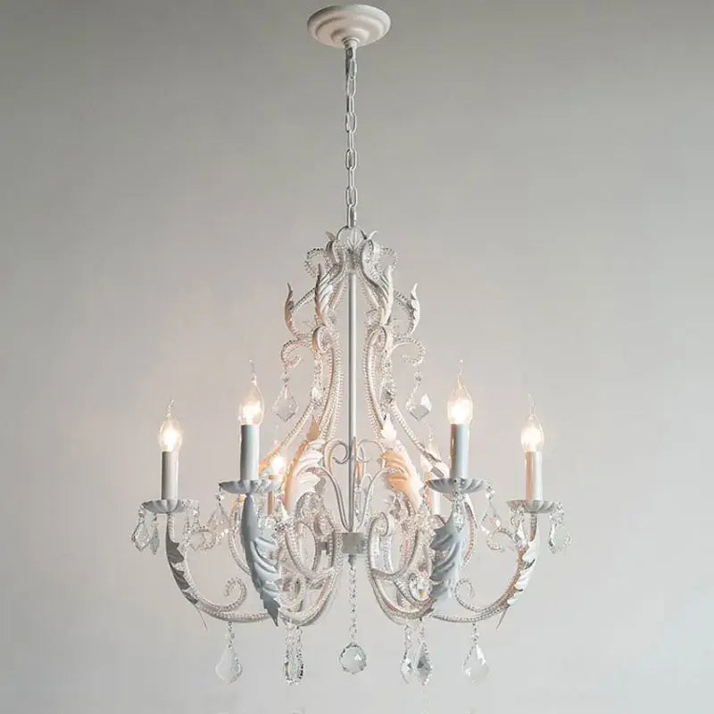 Antique white iron crystal chandelier with ornate metalwork and crystal droplets for dining room decorbites iron crystal lighting