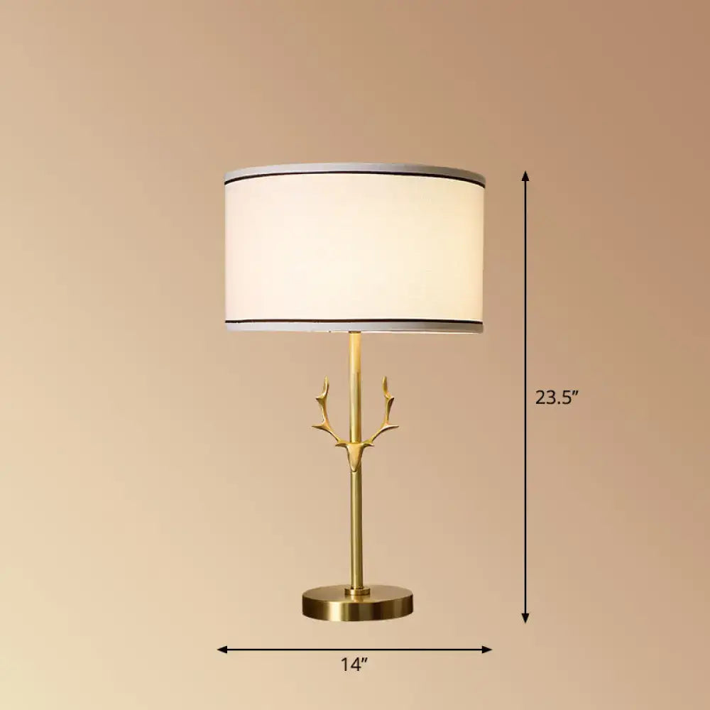 DecorBites™ antler decor fabric drum table lamp with gold-toned base and white shade compatible with e26 e27 bulbs