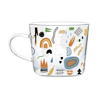 Clear glass mug with apricot and orange colorful abstract pattern 500ml glass mug for kitchen breakfast use