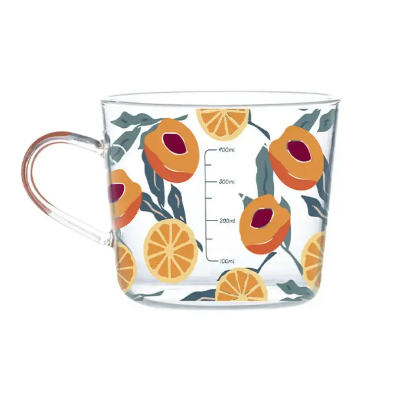 Clear glass 500ml glass mug with handle featuring apricot and orange pattern for kitchen breakfast use