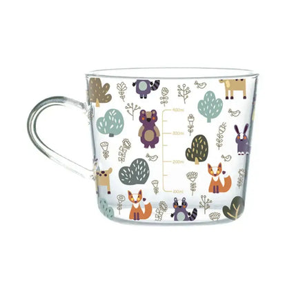 Clear glass 500ml glass mug with handle featuring apricot and orange pattern with colorful forest animals and foliage