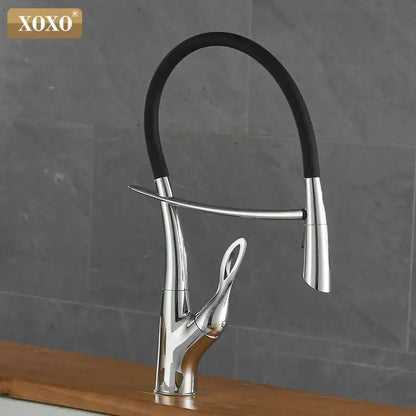 Arched brushed nickel kitchen faucet with black rubberized hose and chrome xoxo finish flexible pull-down spout decorbites brushed nickel