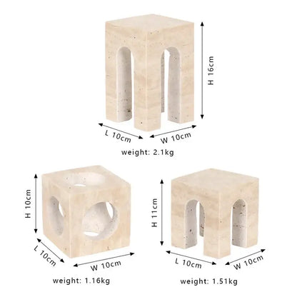 Beige travertine coffee table cabinet with arched cutouts and square minimalist design for living room use