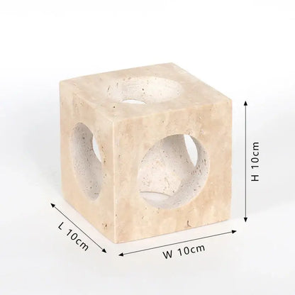 Beige travertine coffee table cabinet stone candle holder cube with three circular cutouts for living room decor