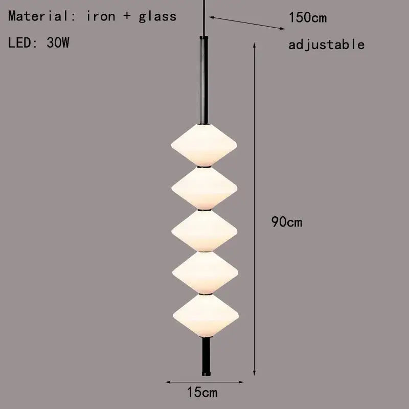 Adjustable art deco pendant light with four stacked white glass diamond shades on black iron rod for dining room