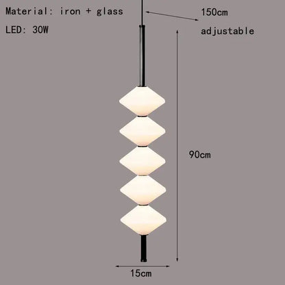 Adjustable art deco pendant light with four stacked white glass diamond shades on black iron rod for dining room