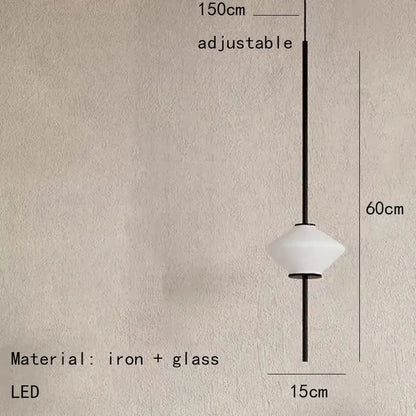 Minimalist art deco white glass pendant light with black iron rod and adjustable 150cm hanging length for dining room