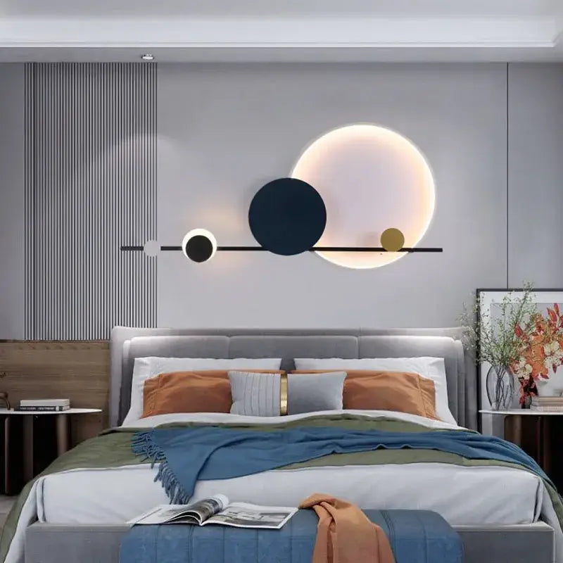 Art deco black and yellow circular led wall sconce with sleek horizontal bar and three illuminated discs for dining room decorbites art deco