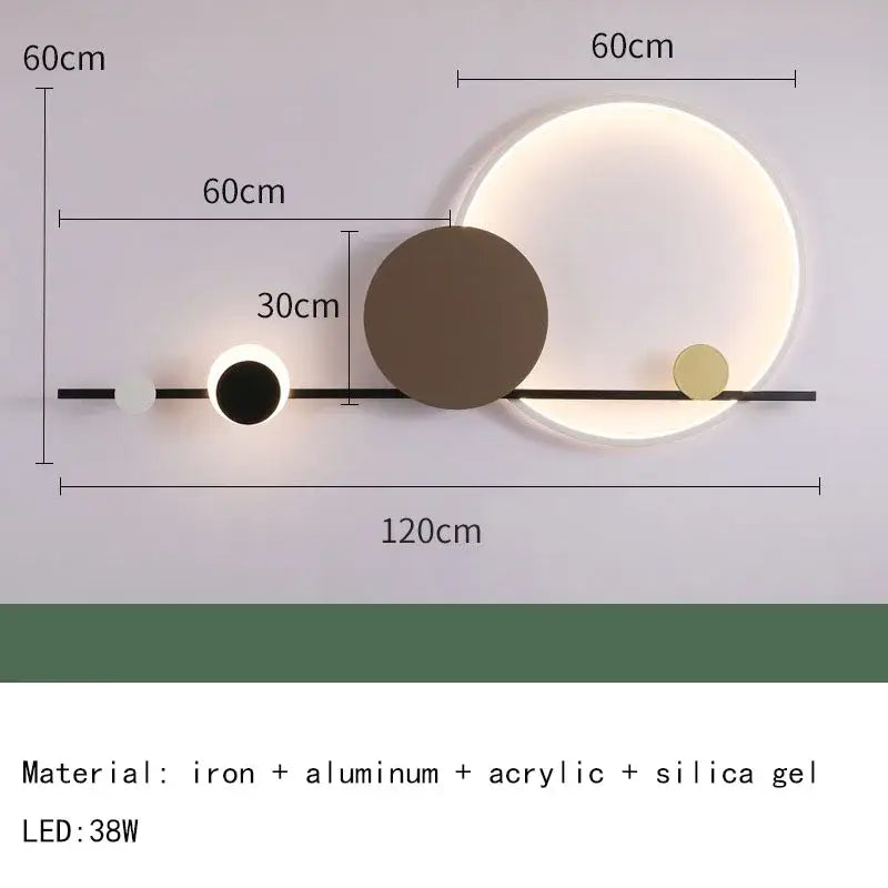 Art deco led wall sconce with black horizontal bar and four circular white black brown and gold lights for dining room decorbites