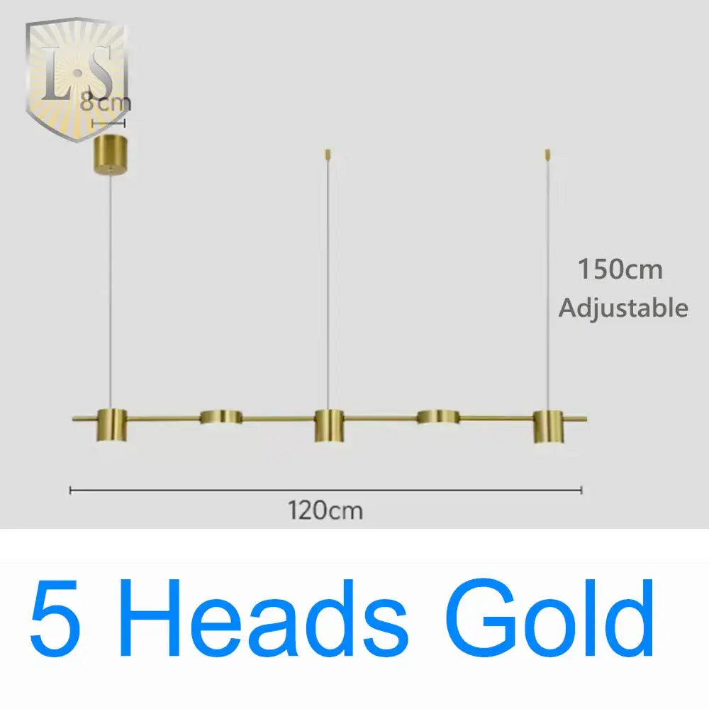 Gold-colored art deco pendant light with five cylindrical light sources suspended from a black linear bar for dining room