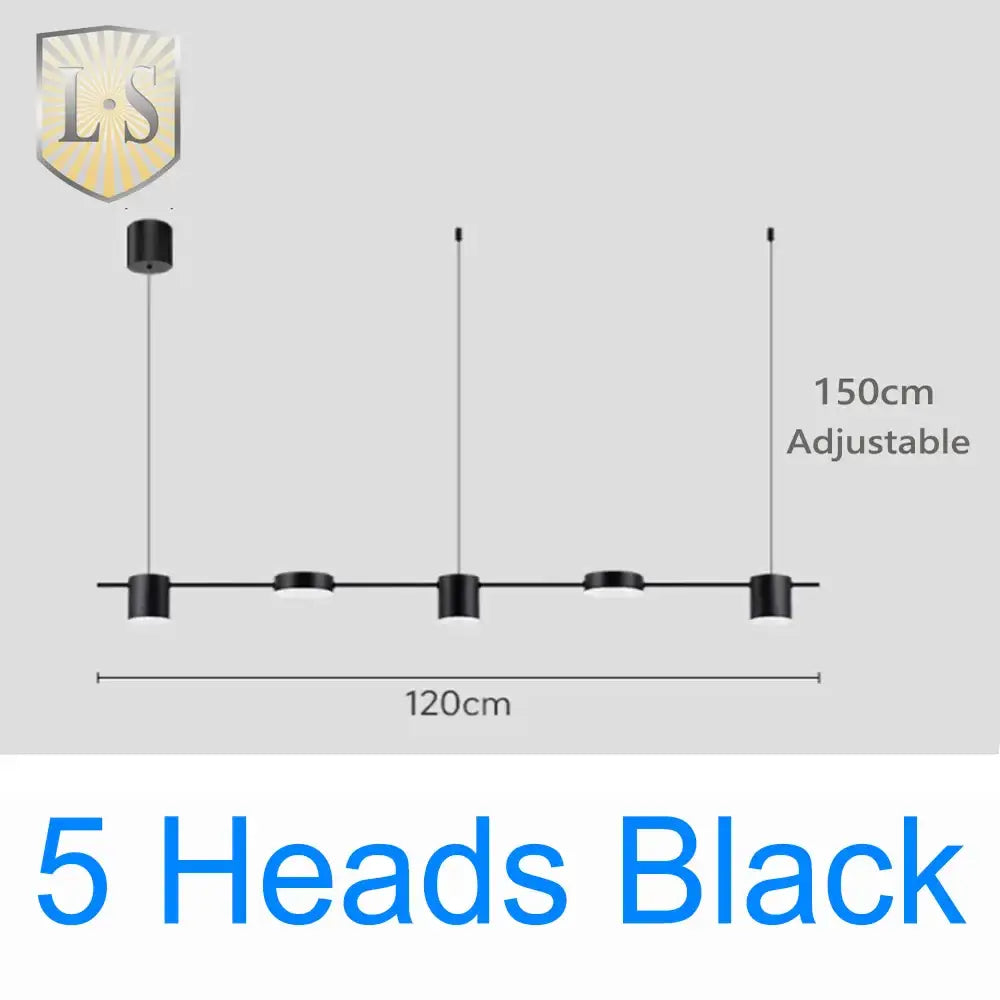 Art deco black and gold linear pendant light with five cylindrical adjustable light sources for dining room use