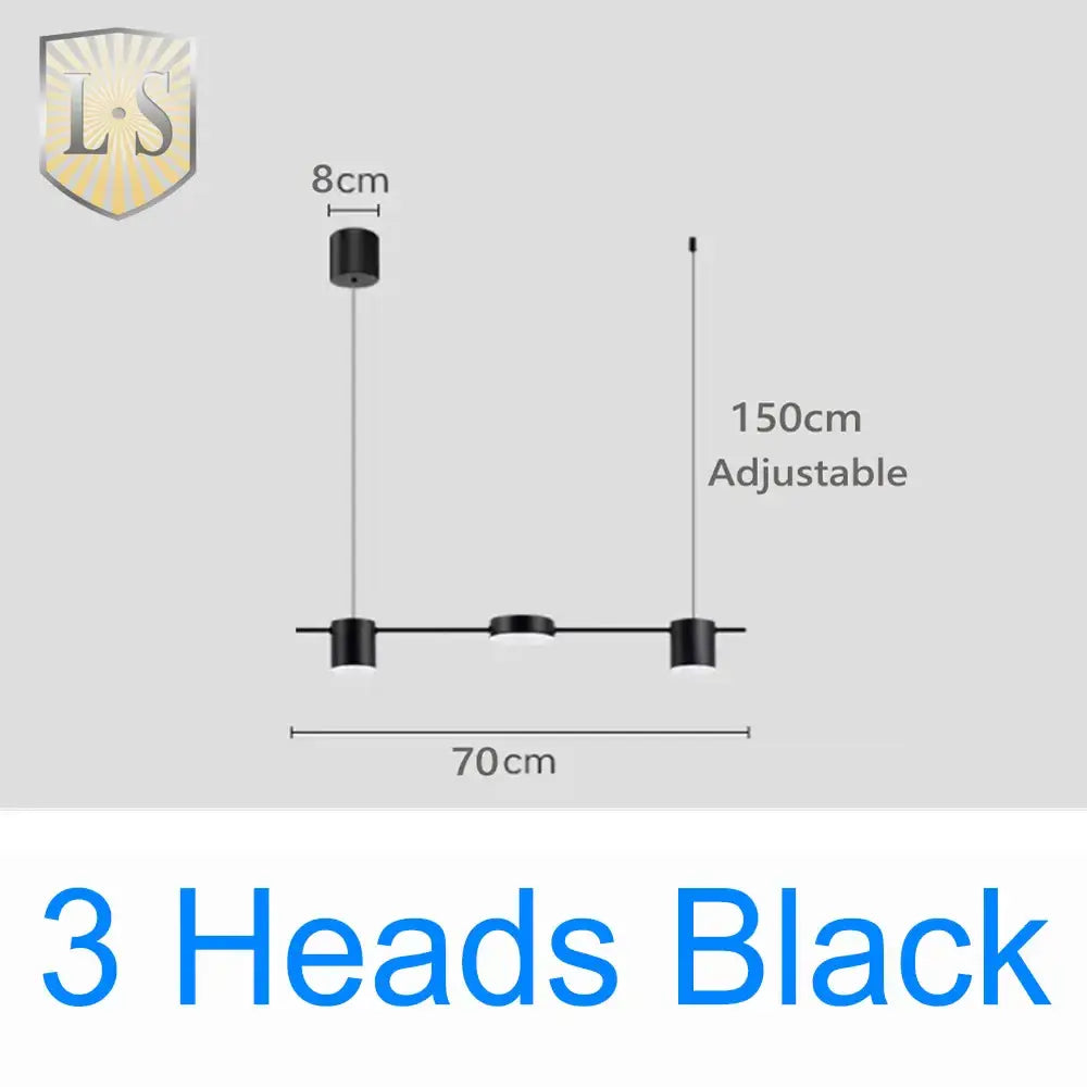 Black three-head art deco pendant light with adjustable 150cm hanging length and sleek minimalist design for dining room