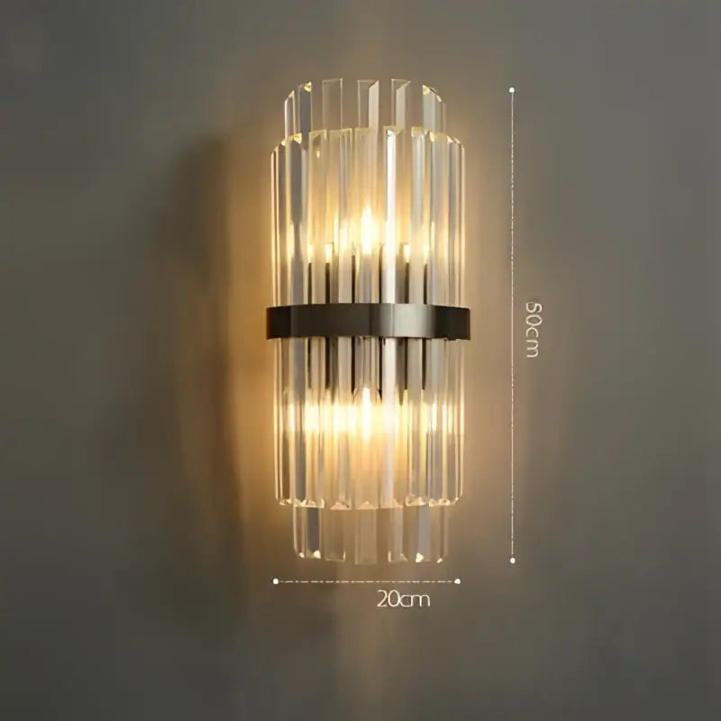 Art deco black gold stainless wall sconce with vertical crystal rods and sleek black metal band for bedroom decorbites art deco