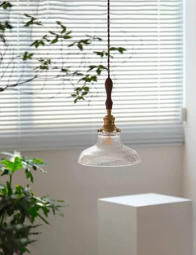 Art deco brass glass retro chandelier with clear textured ribbed glass shade and brass accents for dining room decorbites brass glass