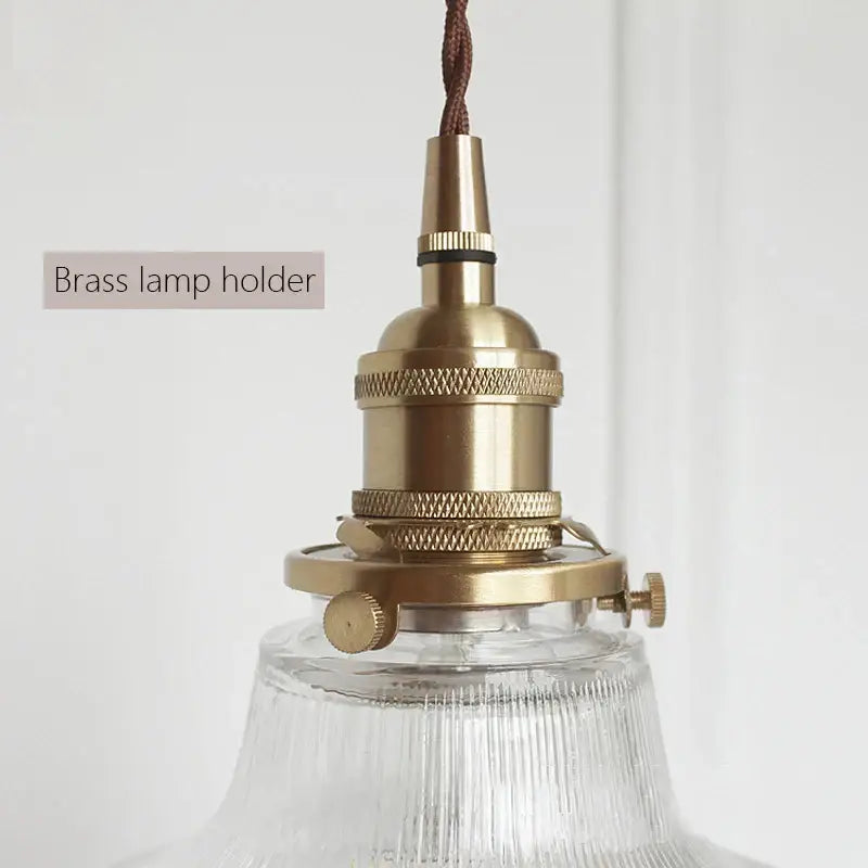 Art deco brass glass retro chandelier pendant light with textured ridged brass lamp holder and clear glass shade
