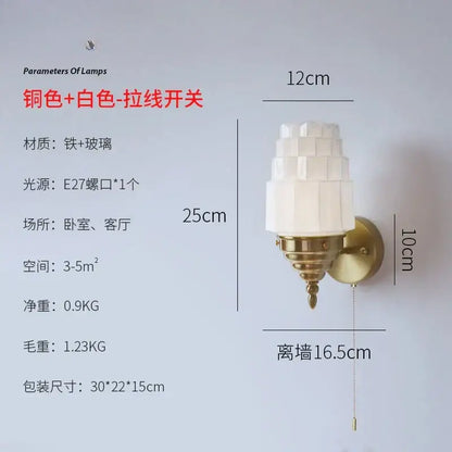 Brass-finished Art Deco wall lamp with decorbites cream glass led tiered shade and pull-chain switch for bedroom decor