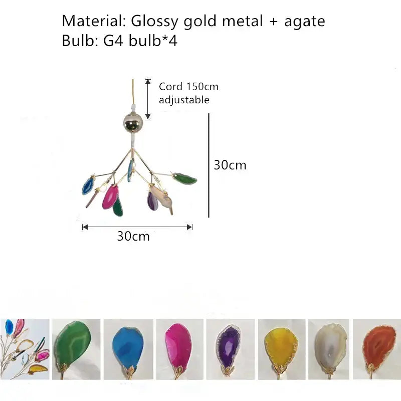 Glossy gold metal floor lamp with four colorful agate pendant bulbs as a decorbites agate floor lamp centerpiece