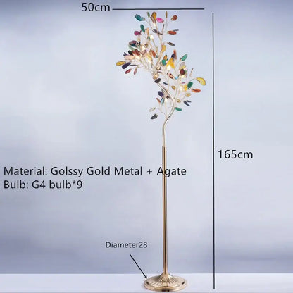Art deco colorful agate floor lamp with slender gold metal stem and glowing leaves by decorbites agate floor lamp
