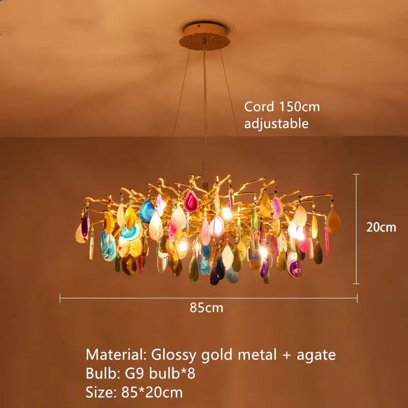 Art deco colorful agate floor lamp with glossy gold metal arms and vibrant branch-like design for living room decorbites agate floor