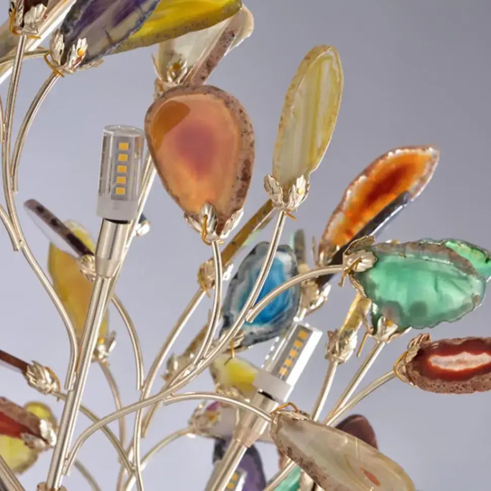 Art deco colorful agate floor lamp with gold metal arms and amber, green, blue, and purple agate slices decorbites agate floor lamp