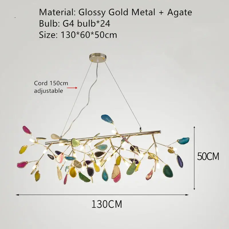 A modern decorbites agate floor lamp with glossy gold metal branches and colorful agate leaves with 24 g4 bulbs