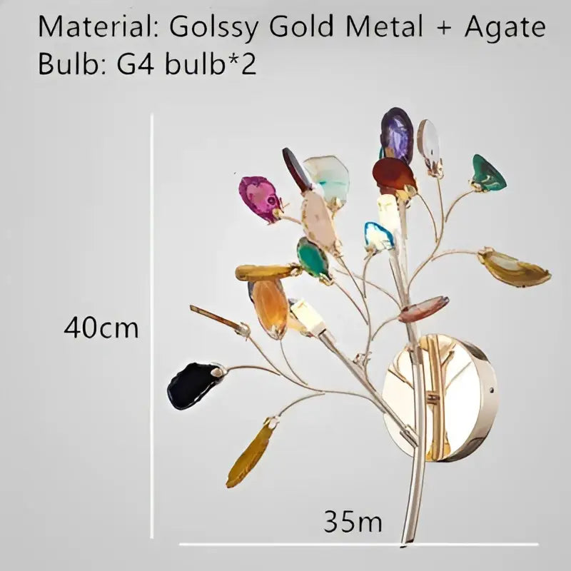 Decorbites agate floor lamp with gold metal base and colorful agate stones in purple green orange and black for decor