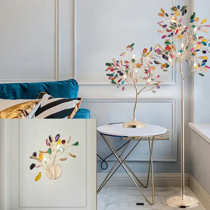 A tall slim art deco colorful agate floor lamp with gold metal base and translucent leaf glass decorbites agate floor light