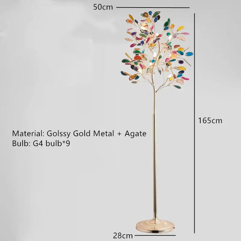 A tall slender art deco floor lamp with gold metal base and colorful agate leaves decorbites agate floor lamp