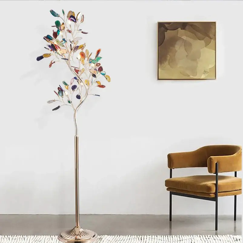 Art deco colorful agate floor lamp with gold metal stem and multicolored leaf ornaments for living room decorbites agate floor lamp